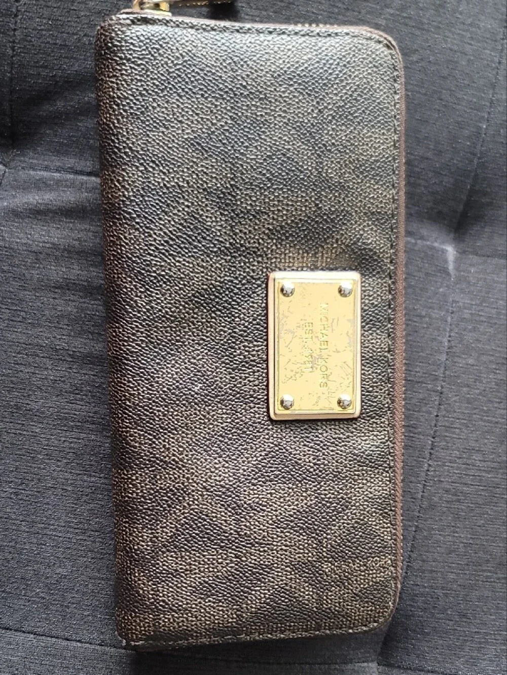 Michael Kors Black Logo Zip-Around Wallet with Gold Plaque
